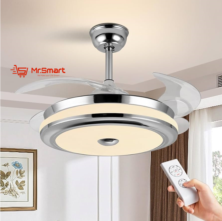 Smart LED ceiling fan with Foldable Blades and Bluetooth speaker.