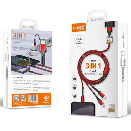 LDNIO 3 in 1 strong braided charging cable.
