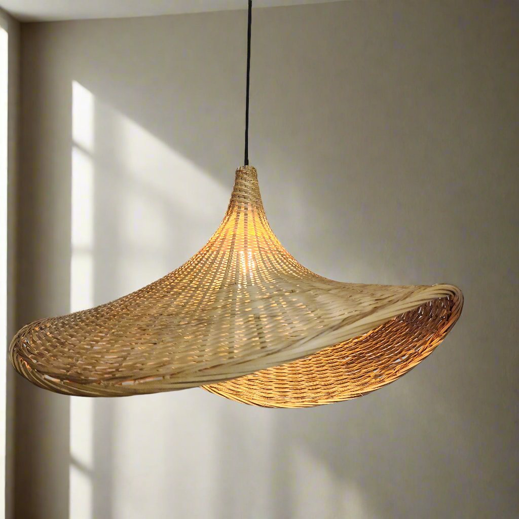 Nature style bamboo weaved hat pendant lamp.