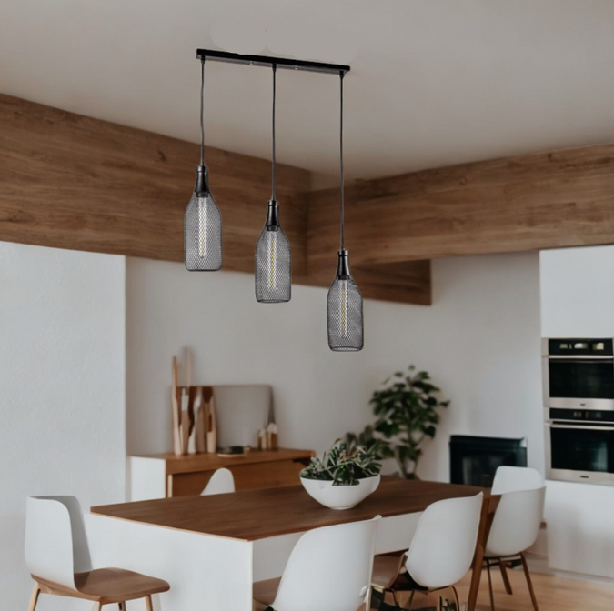 Metal Mesh Bottle Style Chandelier Light - Row of 03(Black).