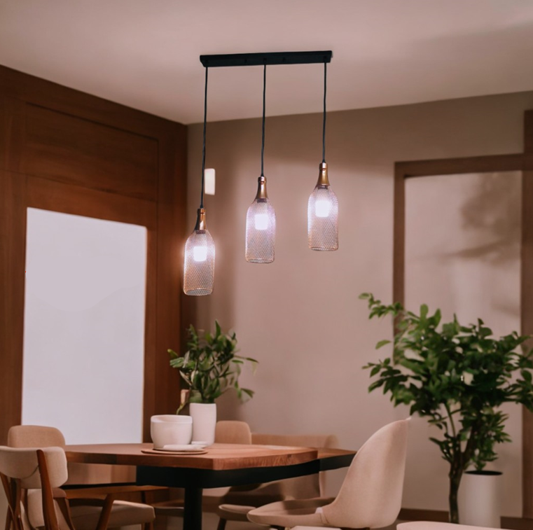 Metal Mesh Bottle Style Chandelier Light - Row of 03(Rose Gold).