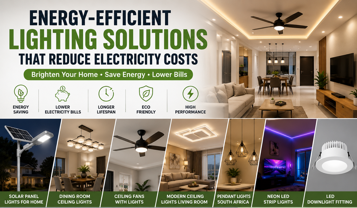 Energy-Efficient Lighting Solutions That Reduce Electricity Costs with LED lights, solar panel lights for home, modern ceiling lights living room, pendant lights South Africa, and LED downlight fittings.