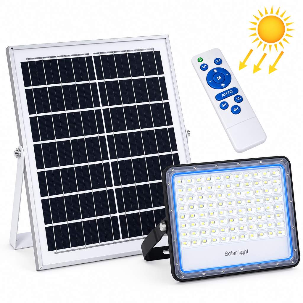 100W Remote Controlled Solar Powered LED Flood Light IP66-6500k-(12 Months Warranty).