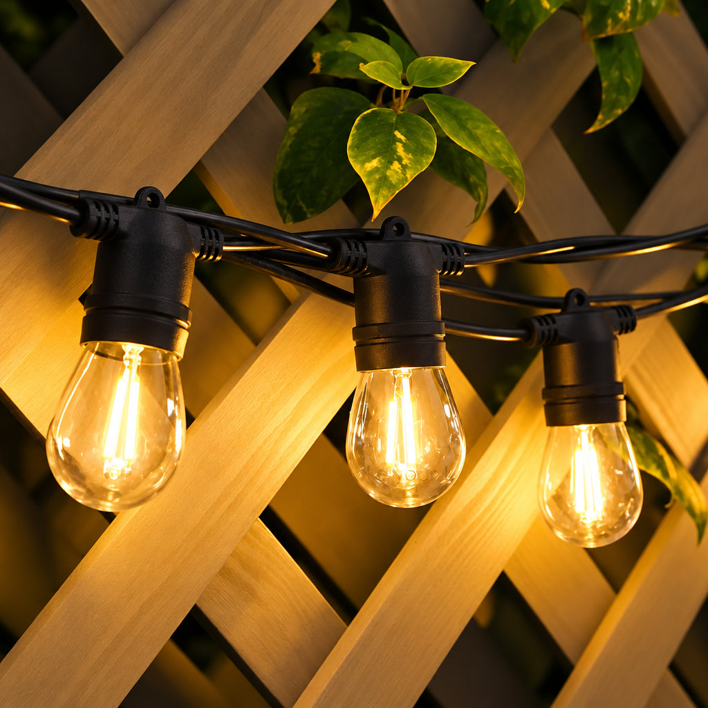 10M 10 Bulbs- Solar LED Festoon Outdoor String Lights-3000-Wooden Varanda Wall Panel-Mr Smart Lighting Company.