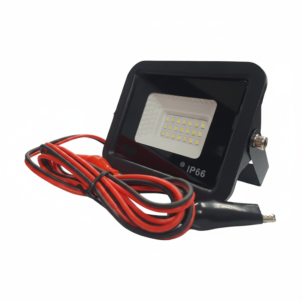 10W 12V DC LED Flood Light with battery clamp.