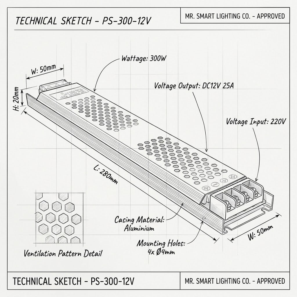 12V 25A 300W Power supply for LED strip lights-Product dimensions-Mr Smart Lighting Company.