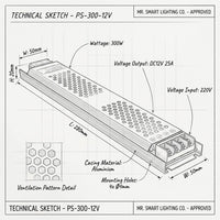 12V 25A 300W Power supply for LED strip lights-Product dimensions-Mr Smart Lighting Company.