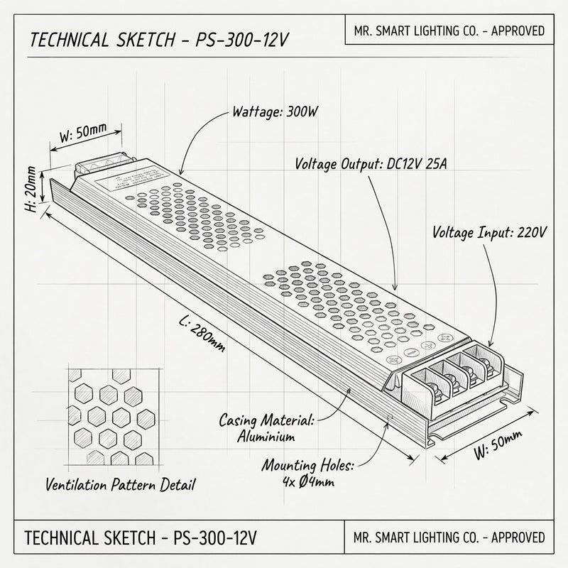 12V 25A 300W Power supply for LED strip lights-Product dimensions-Mr Smart Lighting Company.