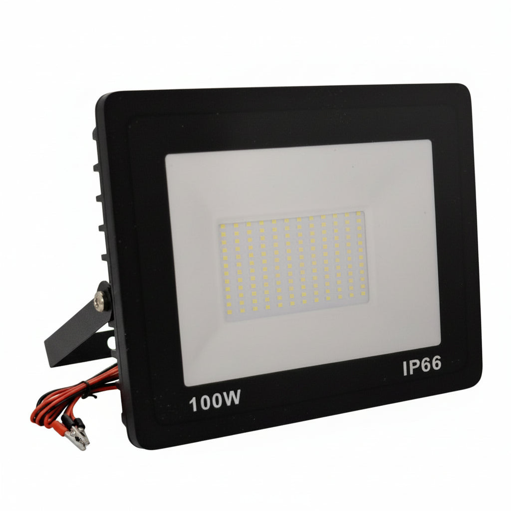 100W 12V DC LED Flood Light with battery clamp.