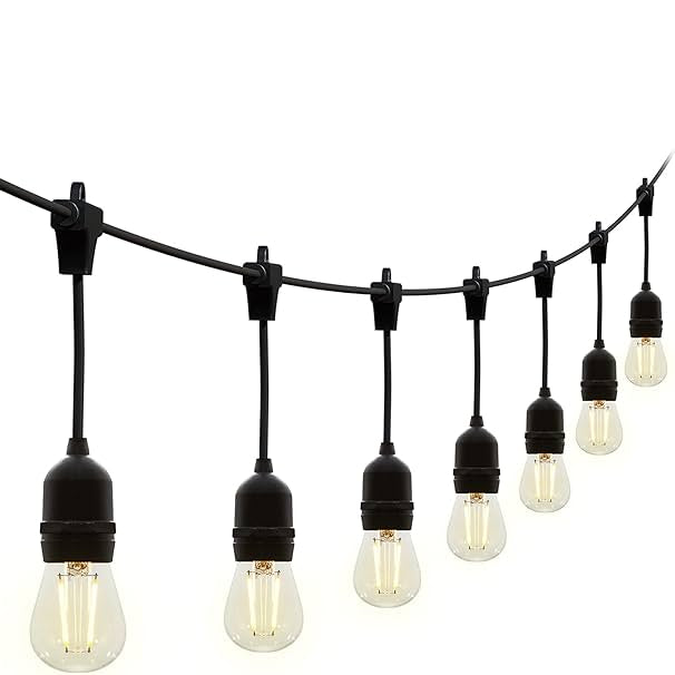 String of light bulbs hanging from a black cord against a white background
