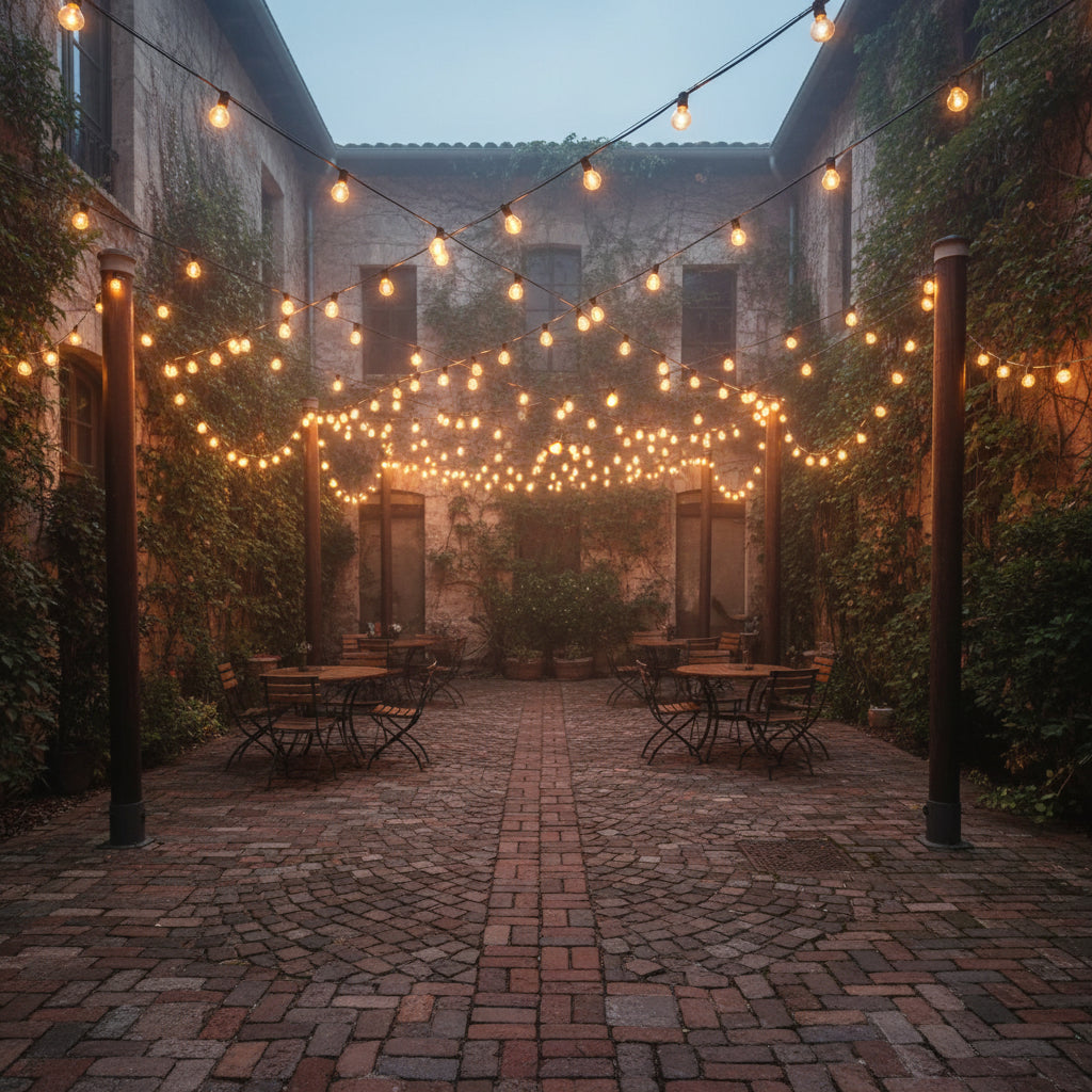 Close-up of 20m 20 Bulbs Plug-In LED Festoon String Light bulbs glowing
