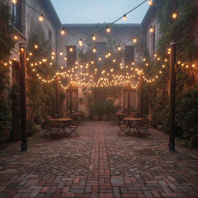 Close-up of 20m 20 Bulbs Plug-In LED Festoon String Light bulbs glowing