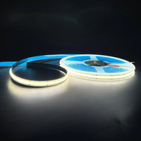 24V 10M COB LED Strip Light with dotless continuous lighting installed in modern interior space