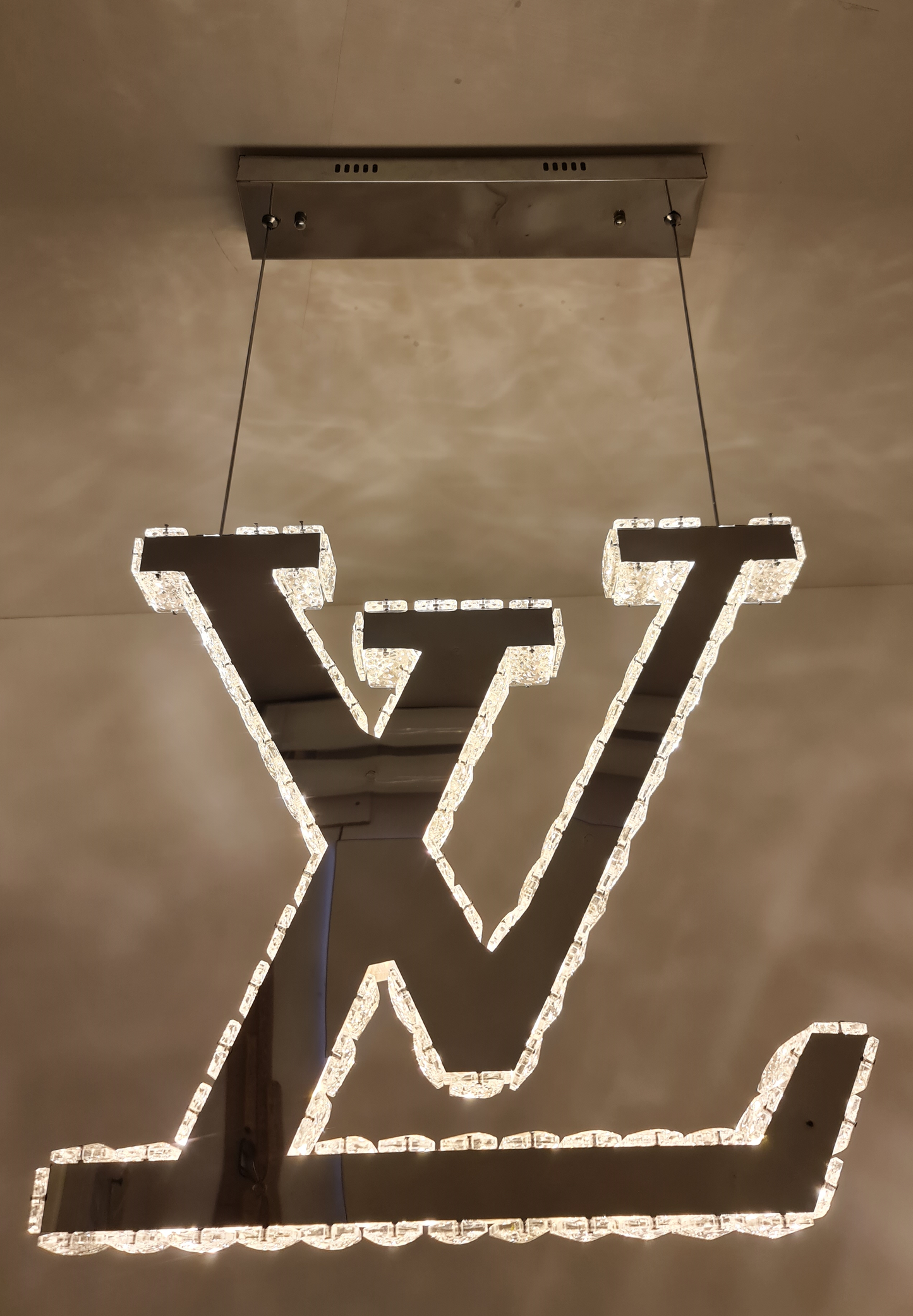 LV Logo Luxury Crystal Hanging LED Pendant Light with Remote.