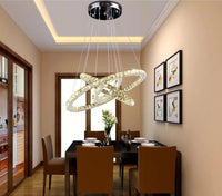 3 Rings Crystal Adjustable Color Changing Pendant Light with adjustable crystal rings and color-changing LED lighting for modern interiors.