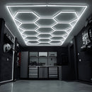 4M x 2.5M Hexagon Grid LED Garage Ceiling Light installed in modern garage with bright LED ceiling lights and premium hexagon light panel design.