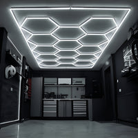 4M x 2.5M Hexagon Grid LED Garage Ceiling Light installed in modern garage with bright LED ceiling lights and premium hexagon light panel design.