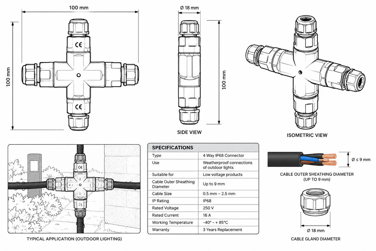  4 Way 3 Pin Weatherproof Connector Accessories 12V/24V IP68- HV9918-4.