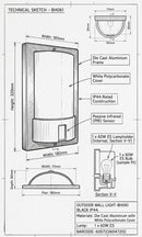 Brightstar-BH061 BLACK IP44 Outdoor Wall Light-Product dimensions-Mr Smart Lighting Company