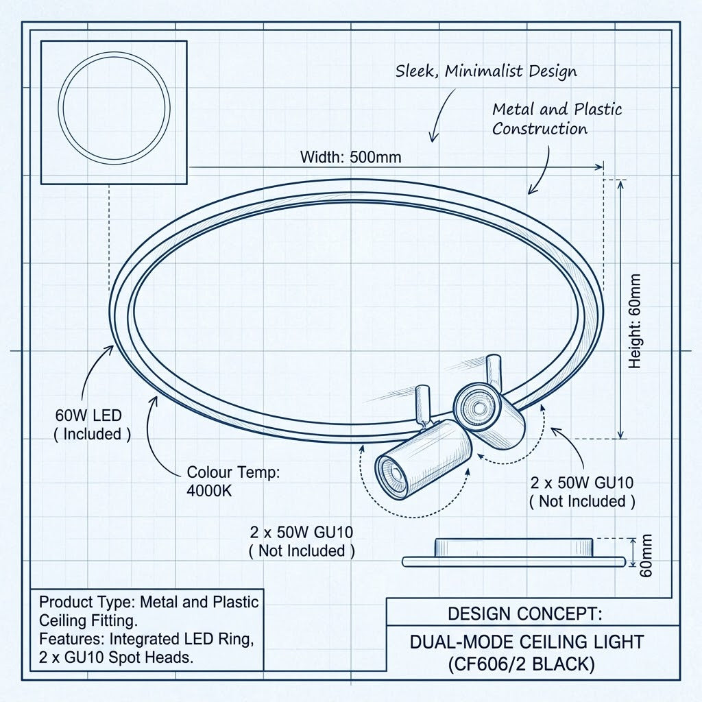 Brightstar-CF606/2 BLACK Ceiling Light 4000K-Product dimensions-Mr Smart Lighting Company.