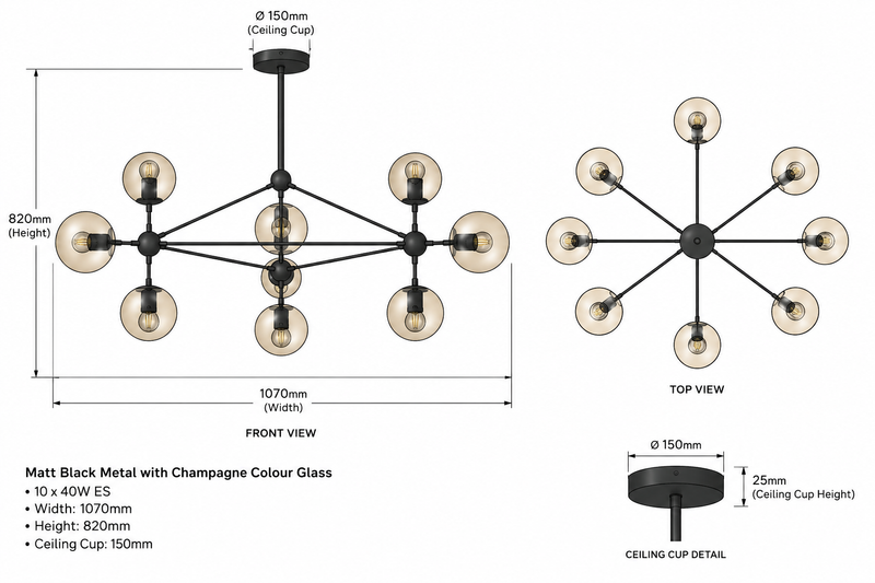 Brightstar-CH100/10 BLACK Chandelier-Product dimensions-Mr Smart Lighting Company