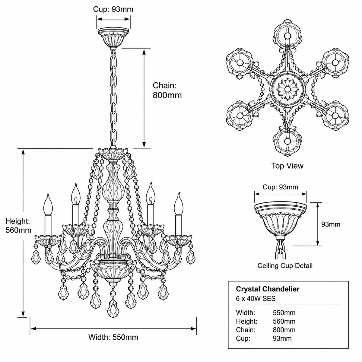 Brightstar-CH3054/6 CRYSTAL Chandelier Light-Product dimensions-Mr Smart Lighting Company.