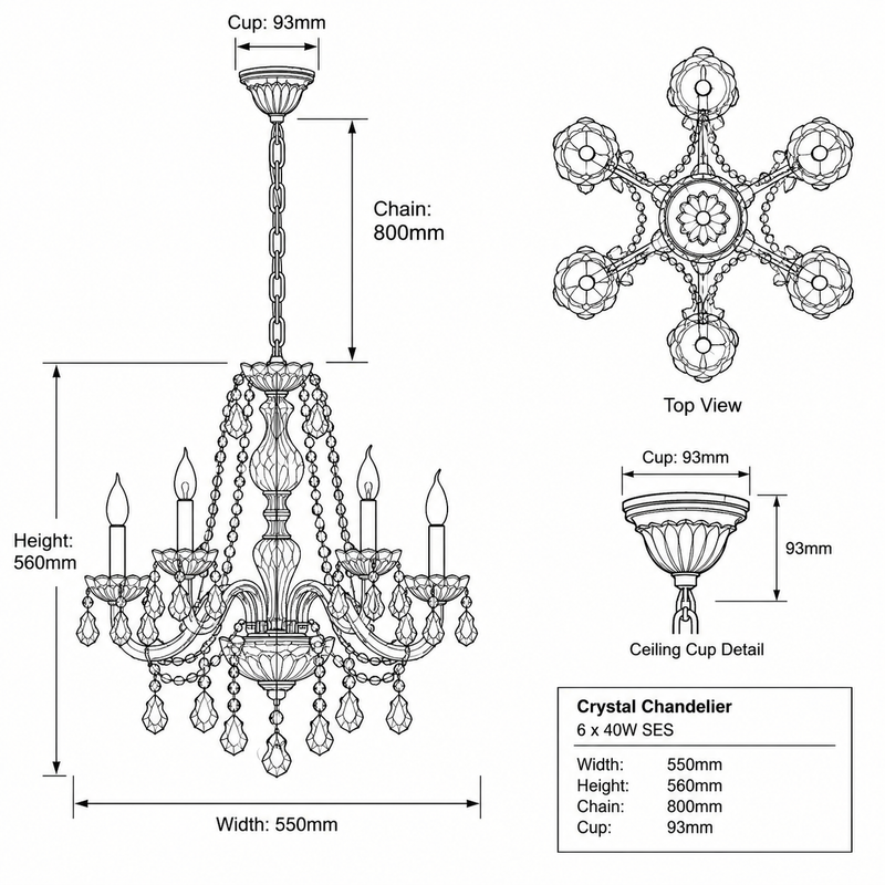 Brightstar-CH3054/6 CRYSTAL Chandelier Light-Product dimensions-Mr Smart Lighting Company.