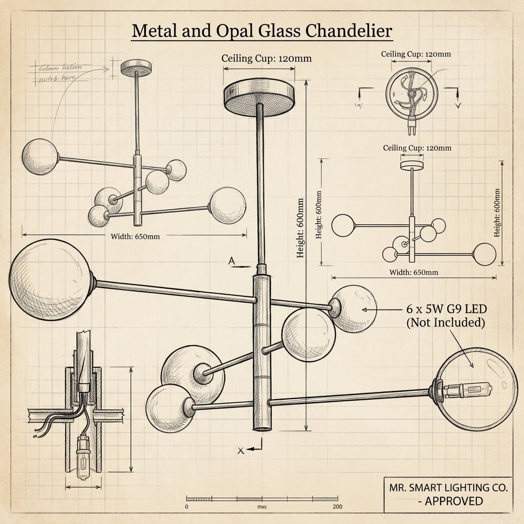 Brightstar-CH394/6 Gold Chandelier-Modern product drawing-Mr Smart Lighting Company