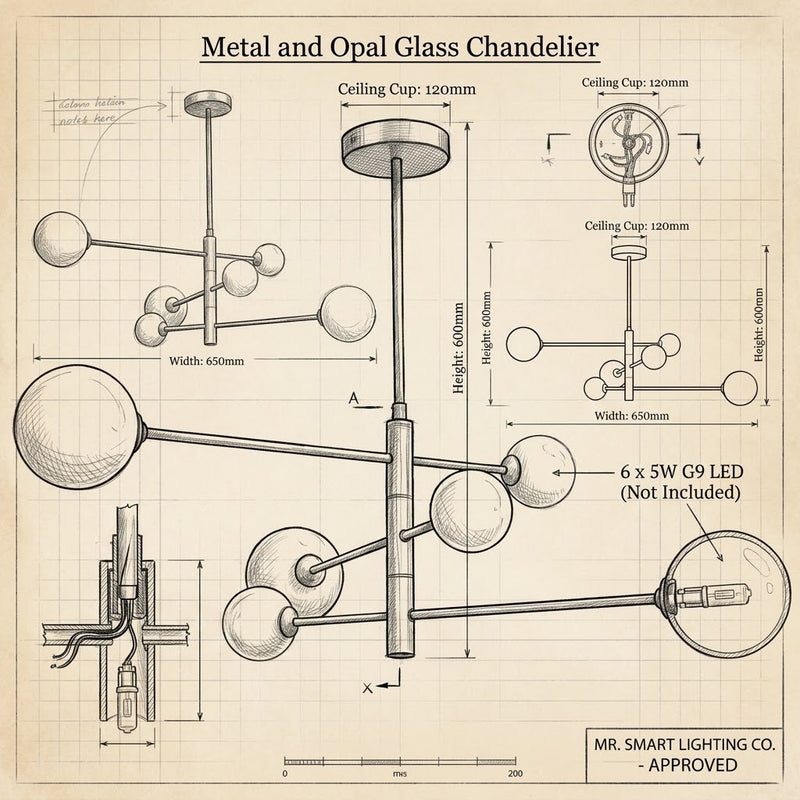 Brightstar-CH394/6 Gold Chandelier-Modern product drawing-Mr Smart Lighting Company
