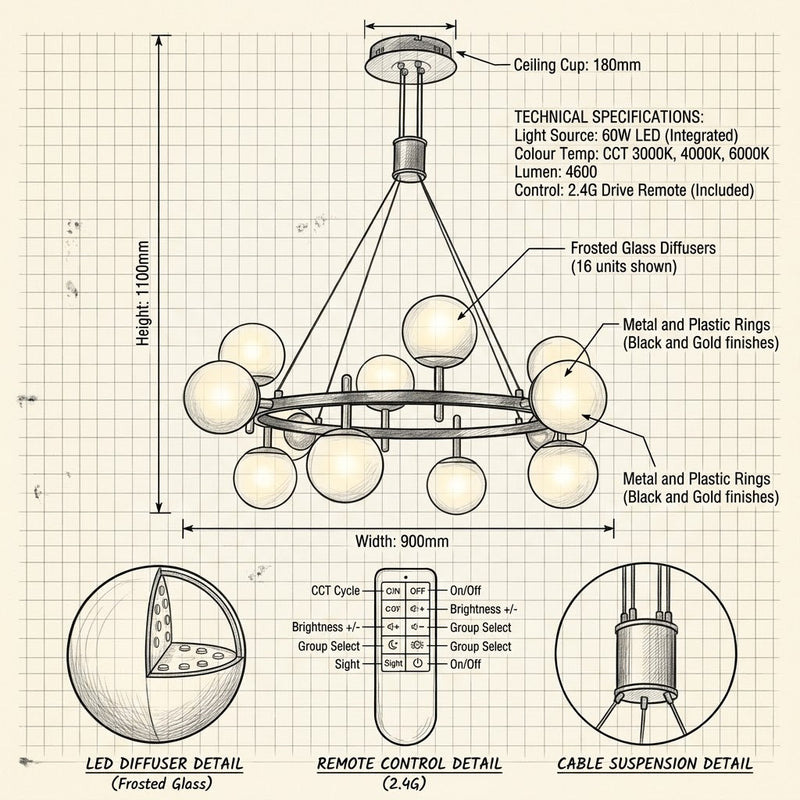 Brightstar-CH397/12 GUN METEL Chandelier 3CCT-Product dimensions-Mr Smart Lighting Company