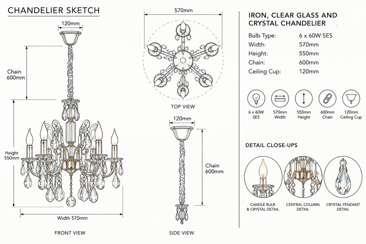 Brightstar-CH511/6 CRYSTAL Chandelier Light-Product dimensions-Mr Smart Lighting Company