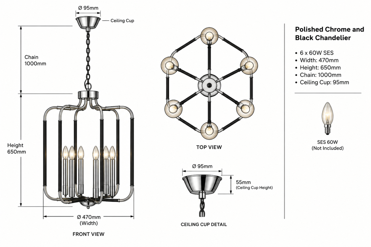 Brightstar-CH515/6 CHROME Chandelier Light-Product dimensions-Mr Smart Lighting Company.