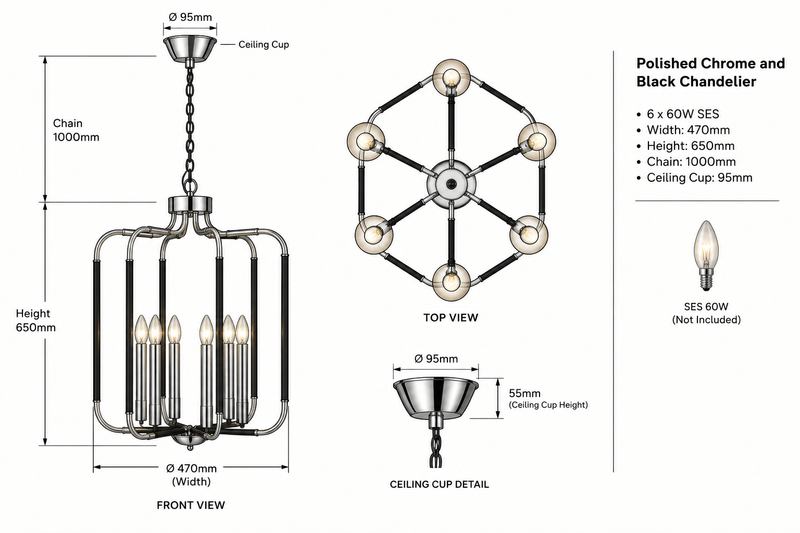Brightstar-CH515/6 CHROME Chandelier Light-Product dimensions-Mr Smart Lighting Company.