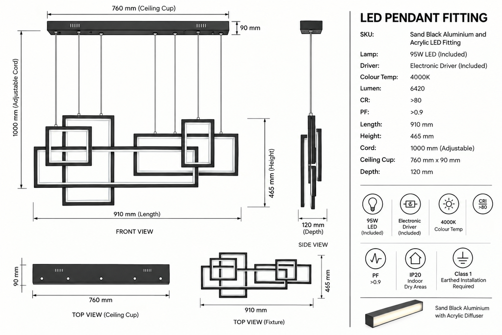 Brightstar-CH517 Black Pendent Light 4000K.