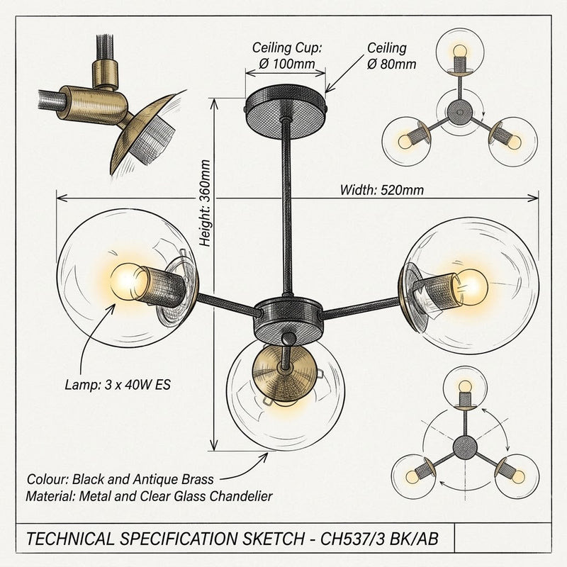 Brightstar-CH537/3 BK/AB Chandelier Light.