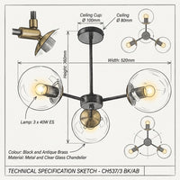 Brightstar-CH537/3 BK/AB Chandelier Light-Product dimension-Mr Smart Lighting Company