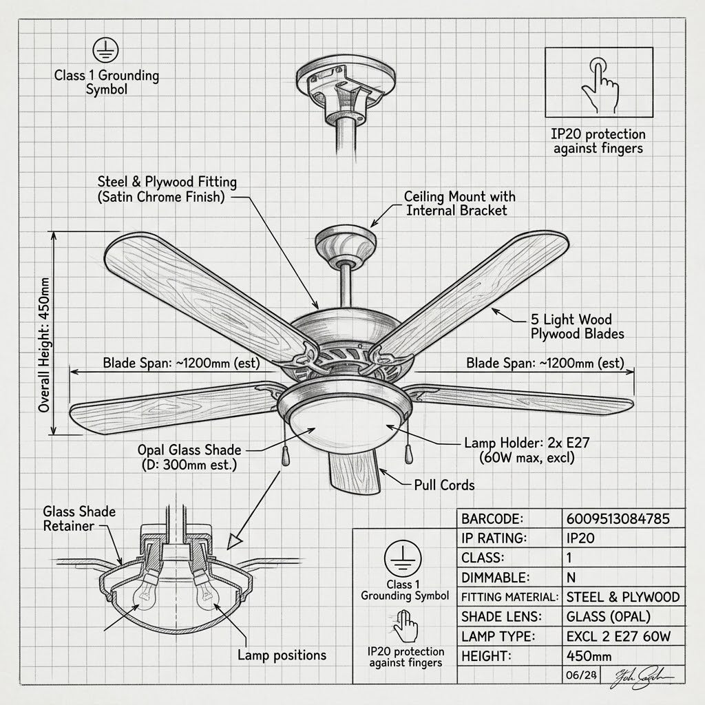 Brightstar-Ceiling Fan with Light Satin Chrome-RF20-Product Dimensions-Mr Smart Lighting Company