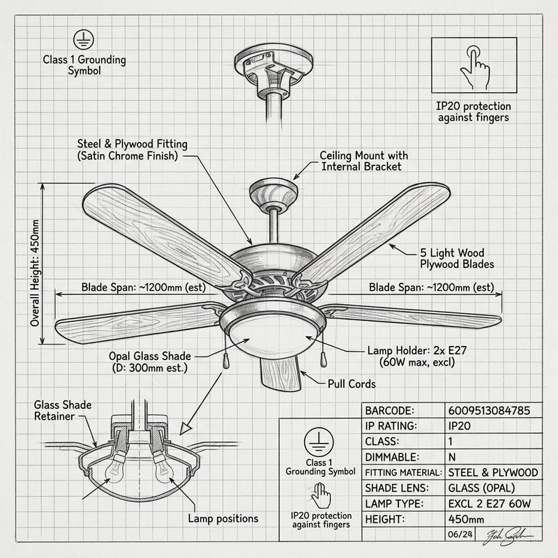 Brightstar-Ceiling Fan with Light Satin Chrome-RF20-Product Dimensions-Mr Smart Lighting Company