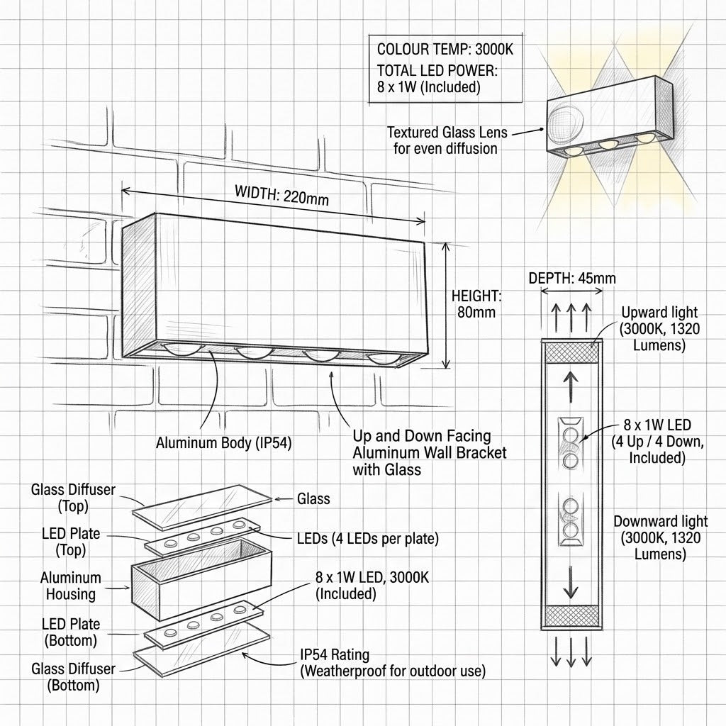 Brightstar-L249 BLACK Wall Lamp IP54 3000K-Product dimensions-Mr Smart Lighting Company
