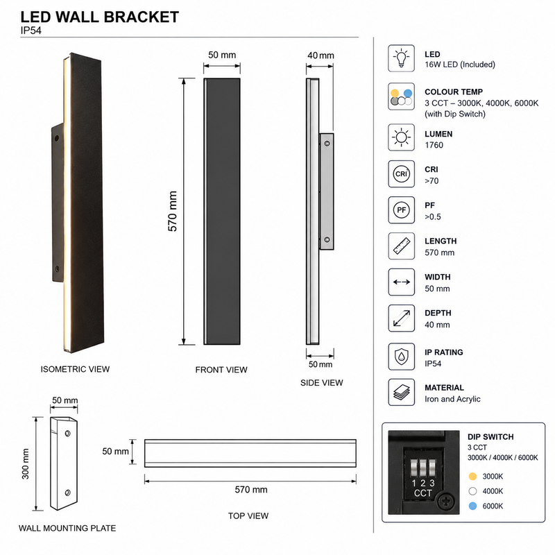 Brightstar-L549 BLACK Wall Light 3CCT-Product dimensions-Mr Smart Lighting Company.