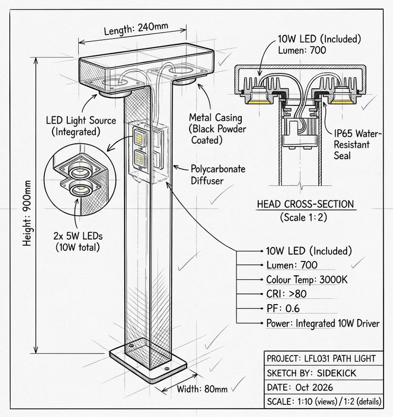 Brightstar-LFL031 BLACK Outdoor Light 3000K.
