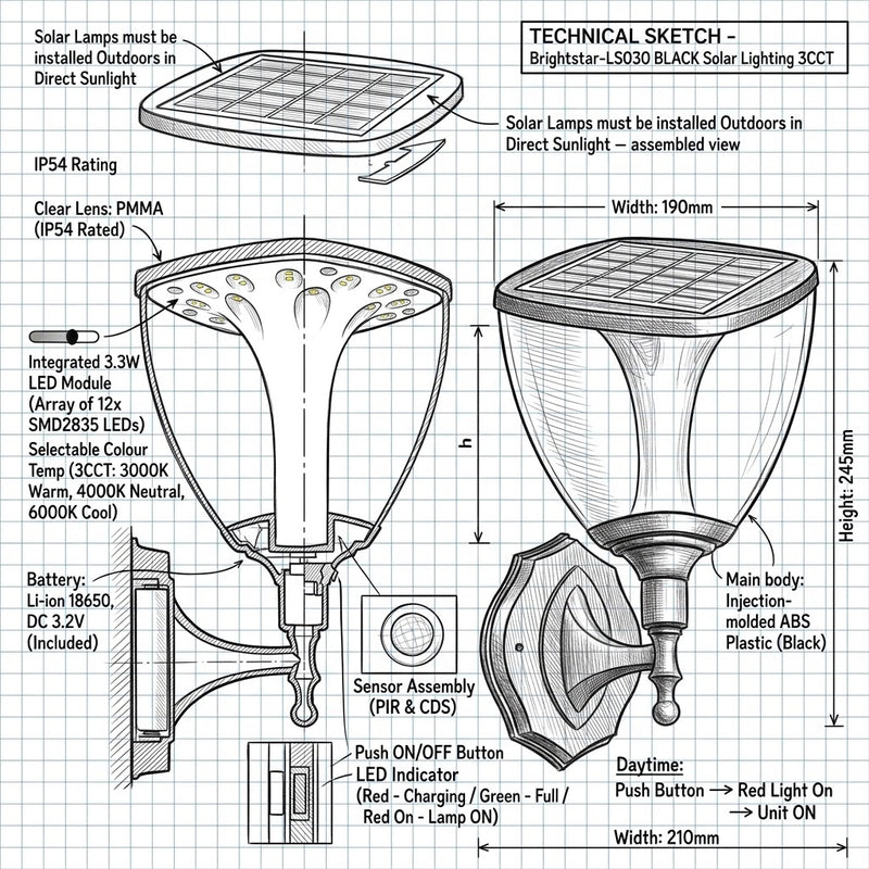 Brightstar-LS030 BLACK Solar Lighting 3CCT-Modern Drawing-Mr Smart Lighting