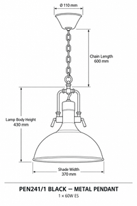 Brightstar-PEN241/1 BLACK Pendent Light-Product Dimensions-Mr Smart Lighting Company.
