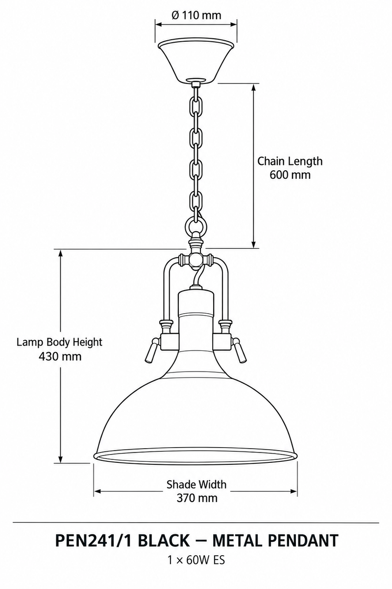 Brightstar-PEN241/1 BLACK Pendent Light-Product Dimensions-Mr Smart Lighting Company.