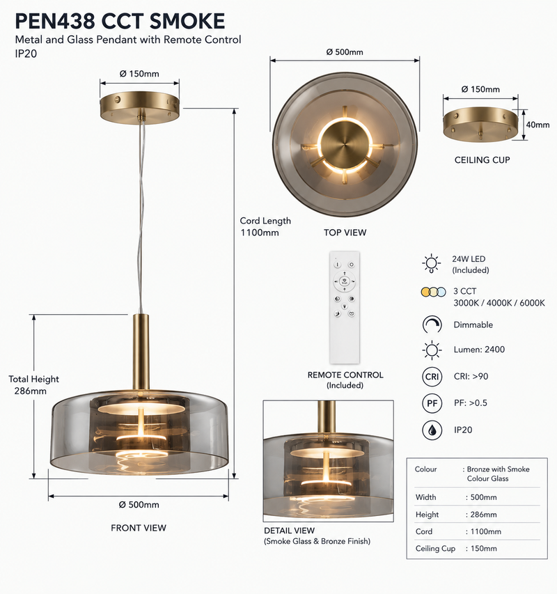 Brightstar-PEN438 3CCT SMOKE Pendent Light.