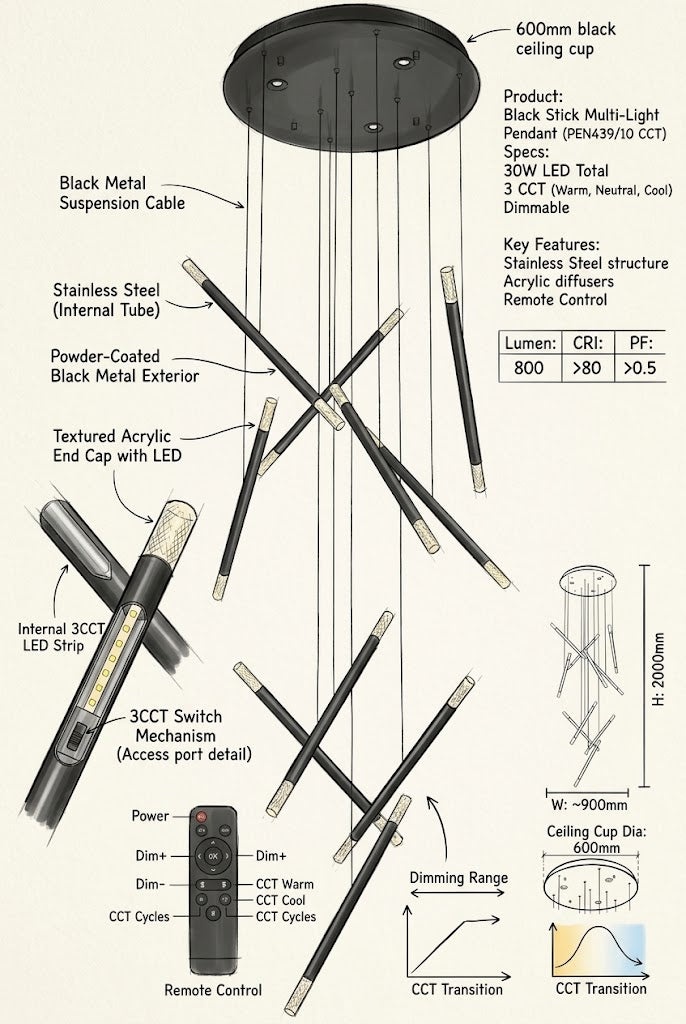 Brightstar-PEN439/10 3CCT Dimming Pendent Light-Product Dimensions-Mr Smart Lighting Company.