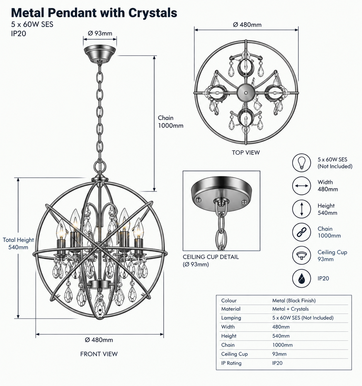 Brightstar-PEN529/5 BLACK Pendent Light-Product Dimensions-Mr Smart Lighting Company