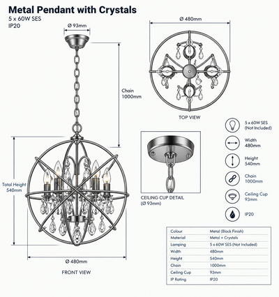 Brightstar-PEN529/5 BLACK Pendent Light.