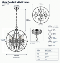 Brightstar-PEN529/5 BLACK Pendent Light-Product Dimensions-Mr Smart Lighting Company