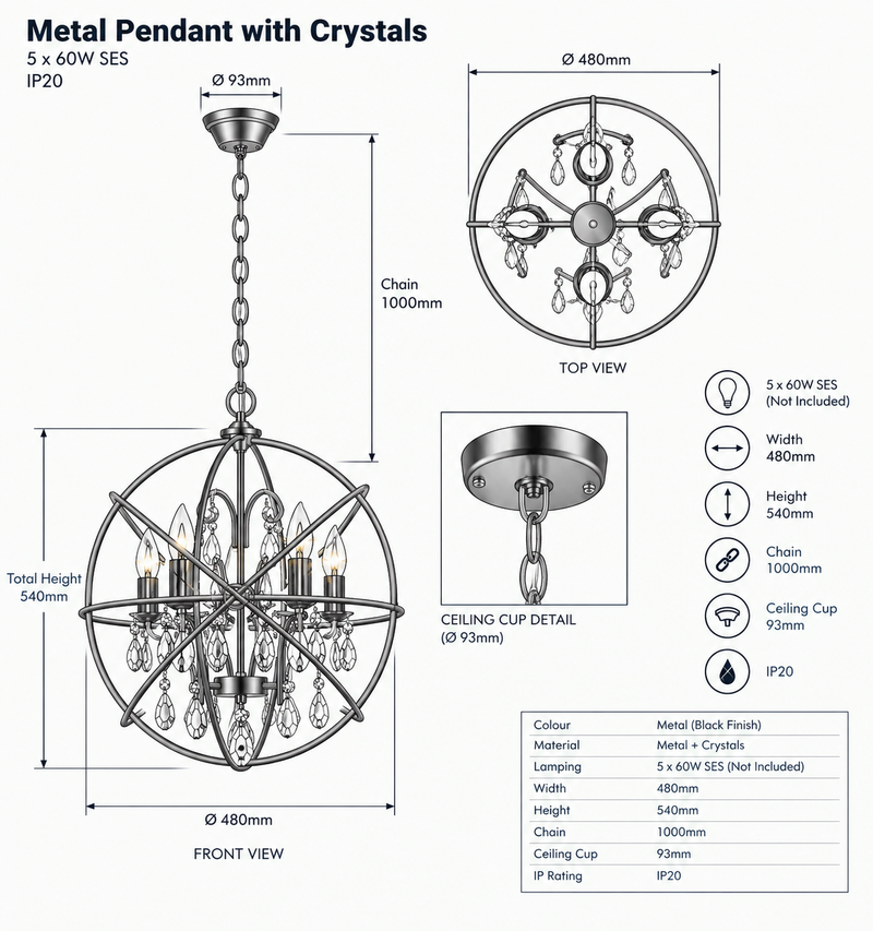 Brightstar-PEN529/5 BLACK Pendent Light-Product Dimensions-Mr Smart Lighting Company